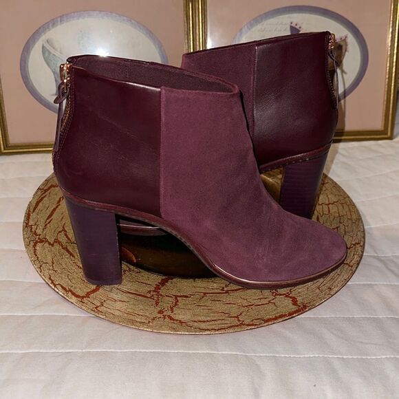 Ted Baker 10.5 41 Azaila Contrast Suede Leather Burgundy Stacked Heel Booties - Picture 5 of 12